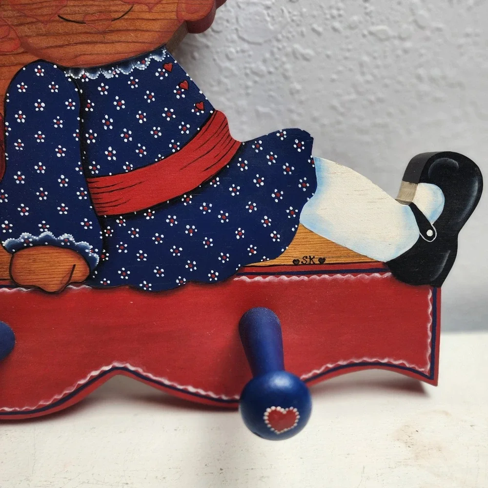 Vintage Wooden Raggedy Ann & Andy Wall Hanger Shelf Red Blue Hearts Rustic Decor